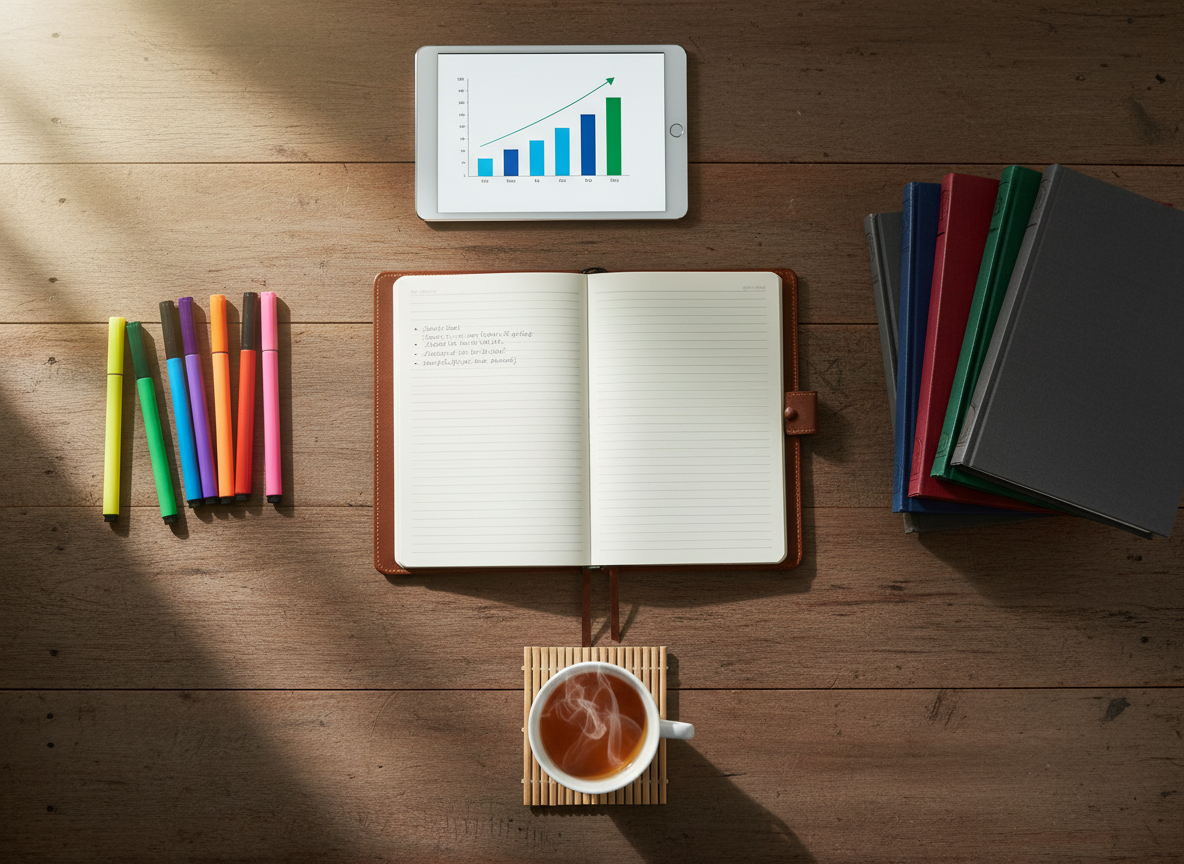 An overhead view of a sturdy wooden table scattered with symbols of academic growth: an open notebook filled with clean, ruled pages; a tablet displaying a simple bar chart of rising progress; colored highlighters arranged in a gradient; and a neatly stacked pile of exam prep books titled in generic academic subjects. At the table’s edge, a simple ceramic cup of tea sits on a coaster, steam just visible in the soft light. Gentle morning sunlight from an unseen window washes across the scene, creating delicate shadows and a calm, focused atmosphere. Photographic realism with high clarity and a top-down composition emphasizes organization, self-improvement, and the systematic support that scholarships and mentorship bring to Myanmar university students.