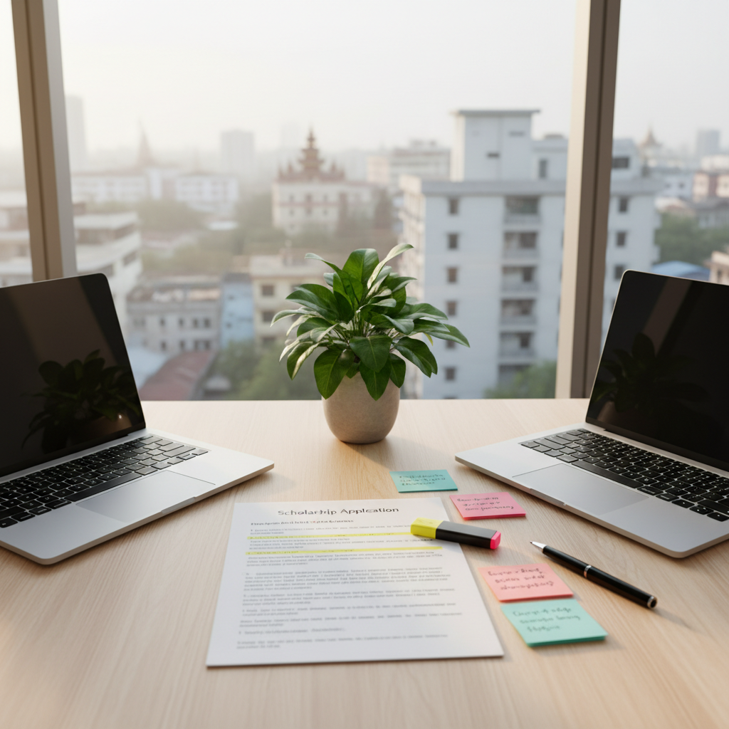 A clean, modern workspace with two open laptops facing each other across a light birch desk, separated by a small potted plant with vivid green leaves. Between the laptops lies a printed scholarship application form covered in neatly highlighted sections, next to color-coded sticky notes and a simple black pen. Through the large window behind, a distant cityscape of Yangon-style mid-rise buildings and scattered pagoda silhouettes appears softly out of focus. Diffused morning light bathes the scene, creating a professional yet encouraging mood. Captured from a slightly elevated angle in photographic realism, with a balanced composition that emphasizes collaboration, mentorship, and structured support for Myanmar students pursuing scholarships.