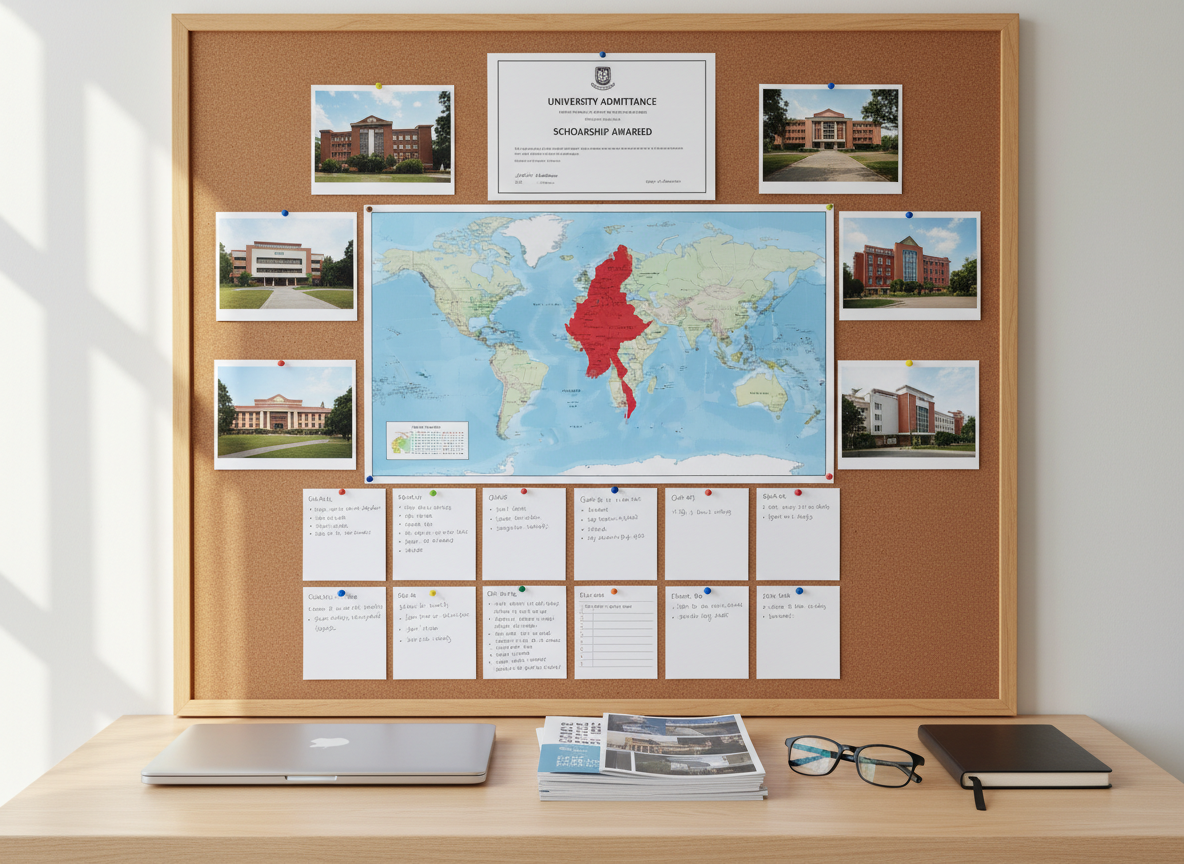 A bulletin board covered in carefully pinned items: a printed university acceptance letter, a world map with Myanmar prominently centered, small color photographs of campus buildings, and neatly arranged index cards with handwritten goals implied by their layout but not legible. Below, a tidy desk holds a closed laptop, a stack of scholarship brochures, and a pair of simple reading glasses. Soft, overcast window light creates gentle, even illumination with minimal shadows, evoking clarity and reflection. Shot straight-on with sharp focus throughout in photographic realism, the composition uses the rule of thirds to highlight the board as a visual roadmap of opportunity, representing the structured guidance and expanded horizons offered by the S2S scholarship program.
