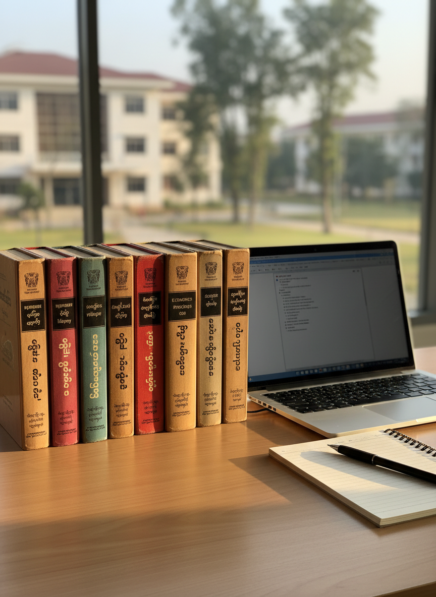 A row of neatly arranged, well-worn textbooks in Burmese and English rests on a smooth wooden study table, beside an open laptop displaying a blank document and a simple notebook with a pen placed diagonally across it. Outside a nearby window, the soft outline of a university campus with low, modern buildings and leafy trees appears gently blurred. Late-afternoon natural light pours in, creating a warm, hopeful glow on the book spines and subtle shadows on the table’s grain. Photographic realism, shot at eye level with a shallow depth of field, conveys a focused, calm atmosphere that suggests opportunity, academic ambition, and the quiet start of a scholarship journey for Myanmar university students.