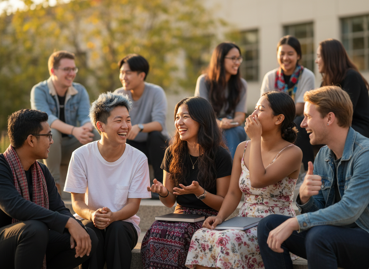 Young Myanmar university students walking together on a bright campus, hopeful and aspirational