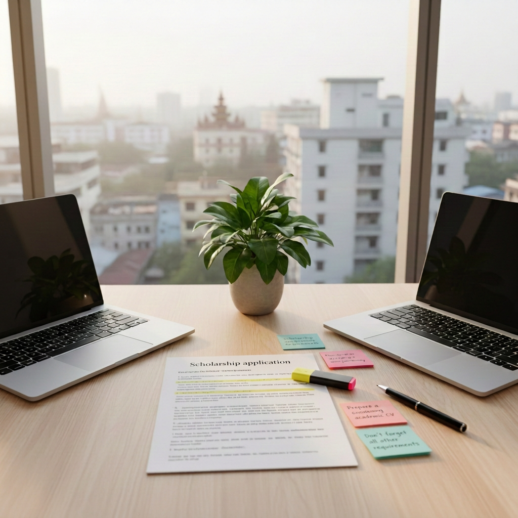 A clean, modern workspace with two open laptops facing each other across a light birch desk, separated by a small potted plant with vivid green leaves. Between the laptops lies a printed scholarship application form covered in neatly highlighted sections, next to color-coded sticky notes and a simple black pen. Through the large window behind, a distant cityscape of Yangon-style mid-rise buildings and scattered pagoda silhouettes appears softly out of focus. Diffused morning light bathes the scene, creating a professional yet encouraging mood. Captured from a slightly elevated angle in photographic realism, with a balanced composition that emphasizes collaboration, mentorship, and structured support for Myanmar students pursuing scholarships.